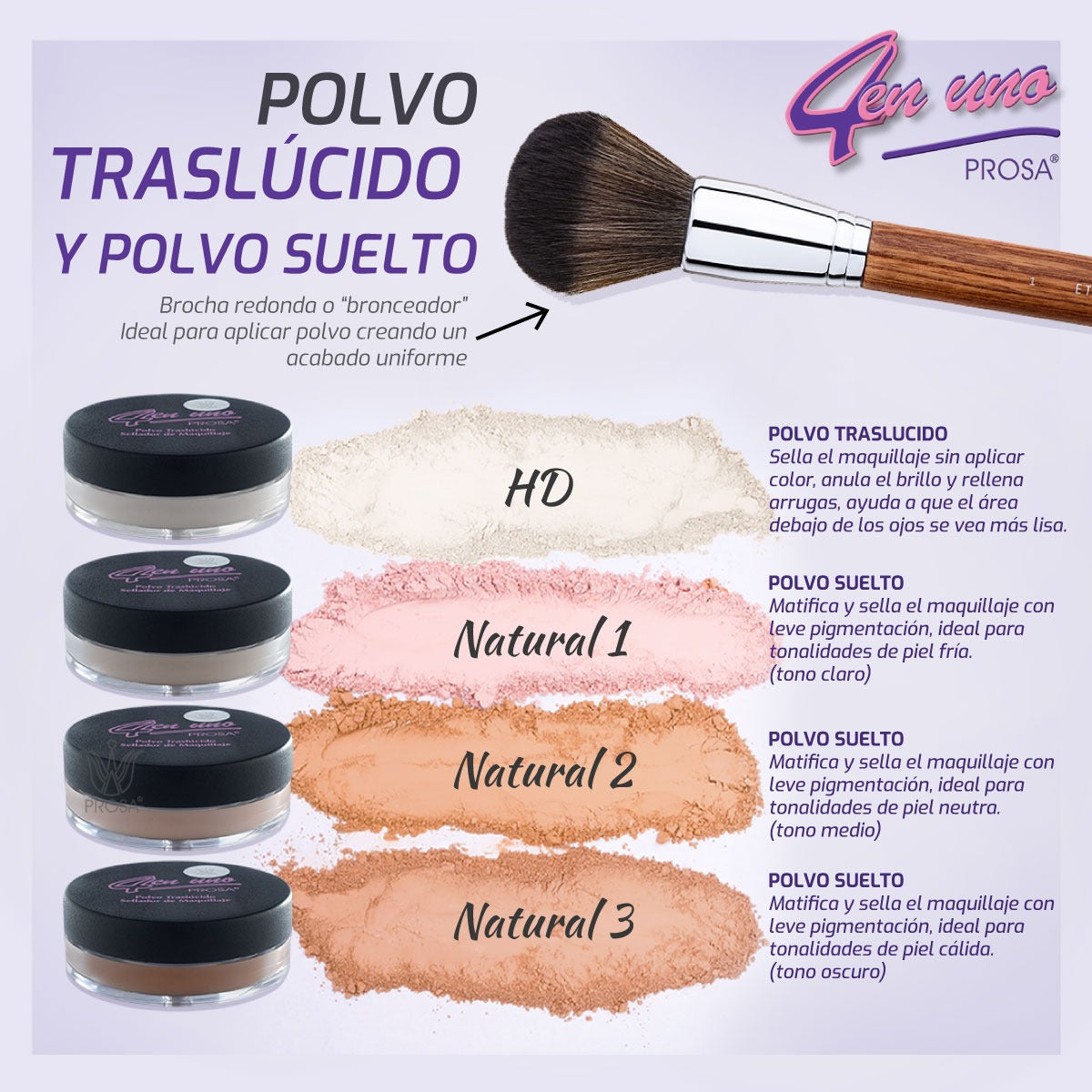POLVO TRASLÚCIDO NATURAL 1 SELLADOR DE MAQUILLAJE - PROSA 4 EN 1